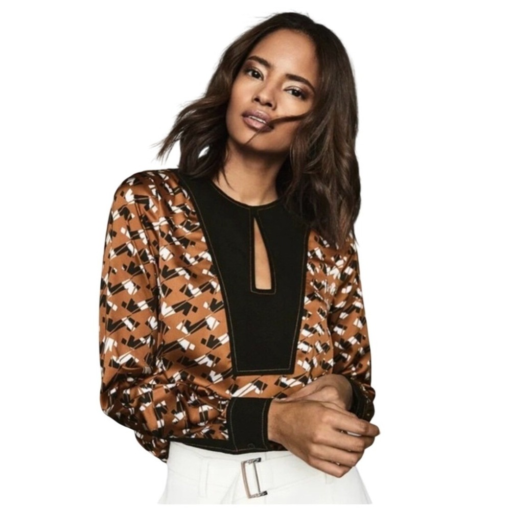 REISS Blouse Womens 6 Felicity Geometric Abstract Keyhole Brown Black